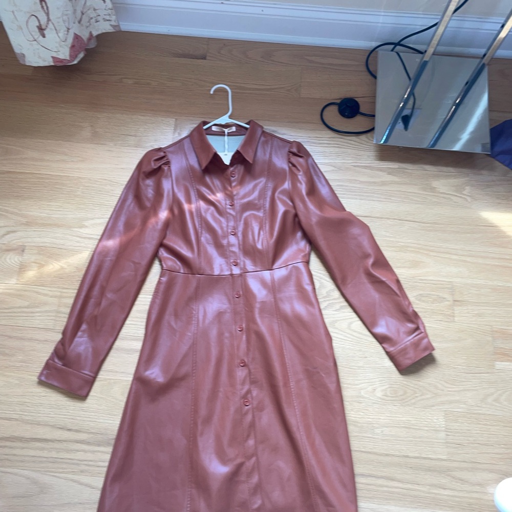 Brown Faux Leather Button-Up Dress